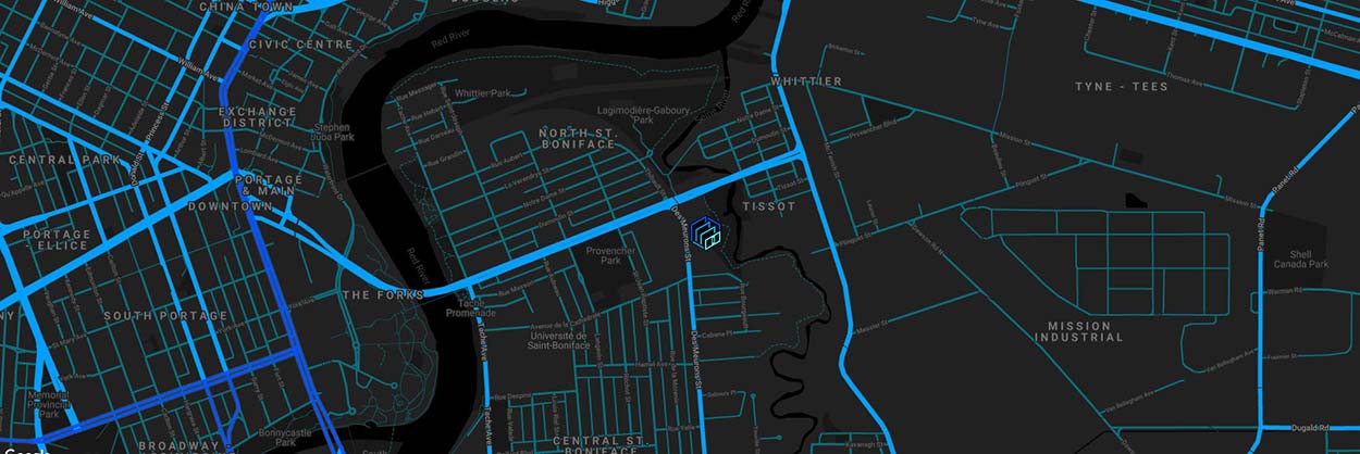 Map of Winnipeg focusing on St. Boniface and the location of Next Level Escapes